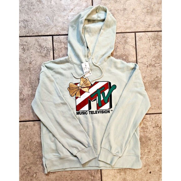 NWT MTV Music Television Hooded Holiday Sweater Aqua Medium Hoodie Sweater - Picture 2 of 16